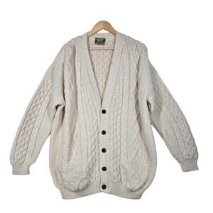 Vintage Country Scene Cardigan Mens L Cream Cable Knit Button Cottage Grandpa